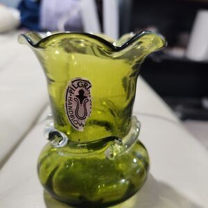 Vintage Pilgrim Glass Green Mini Bud Vase - Hand Blown Ruffled Rigaree Art Glass